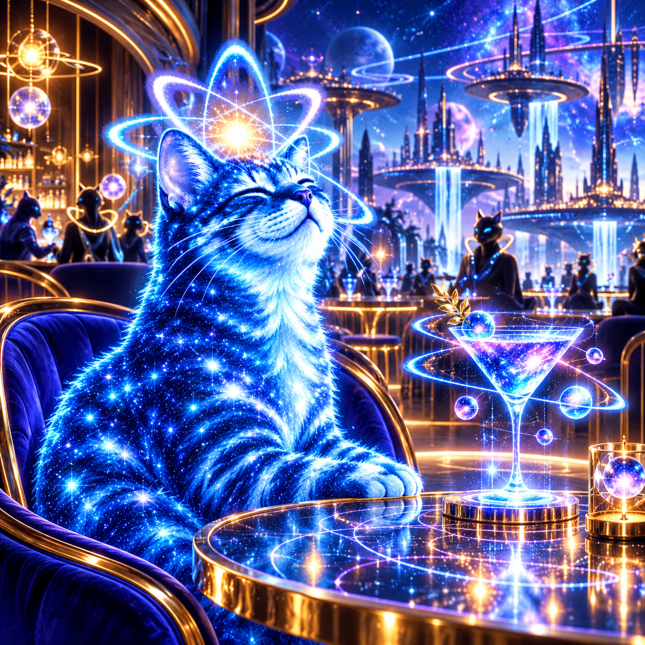 Quantumcate relaxing beside a cosmic cocktail in a golden futuristic space lounge