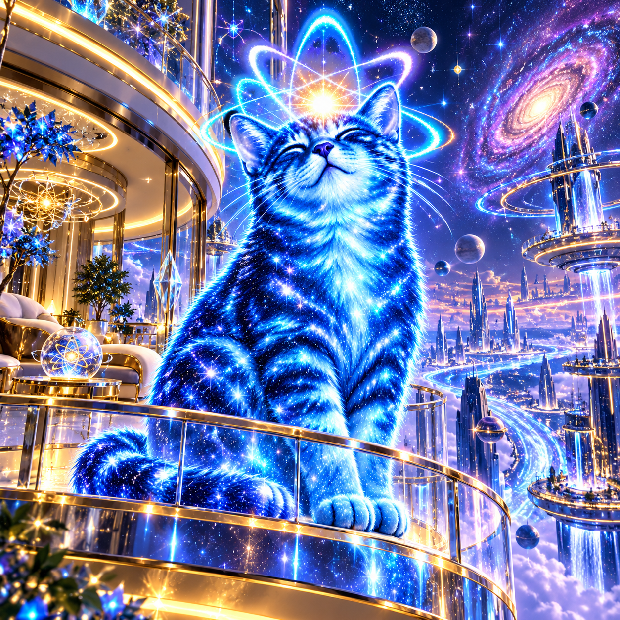 Quantumcate on a golden balcony overlooking a glowing galactic city